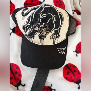 Ed Hardy Trucker Hat Rhinestone Panther Embroidered Tattoo Snapback Cap NWT